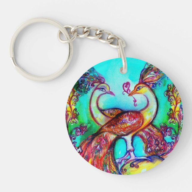 PEACOCKS IN LOVE  red teal blue green Keychain (Front)