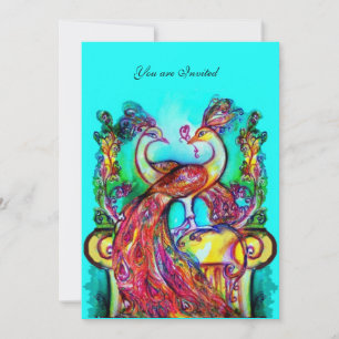 PEACOCKS IN LOVE Red Teal Green Aqua Blue Wedding Invitation