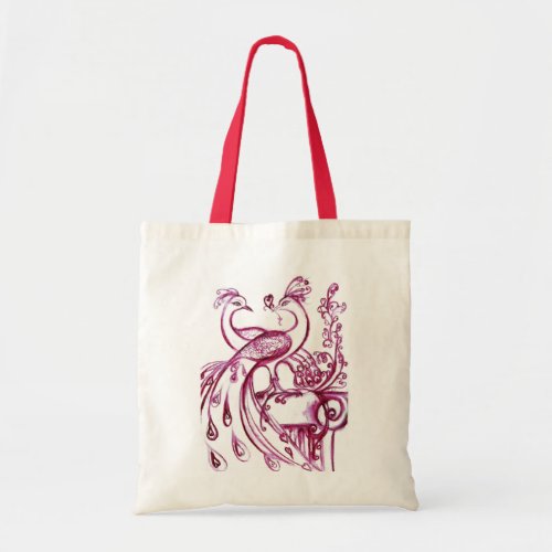 PEACOCKS IN LOVE  red white Tote Bag