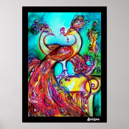 PEACOCKS IN LOVE Red Yellow Turquoise Blue Poster