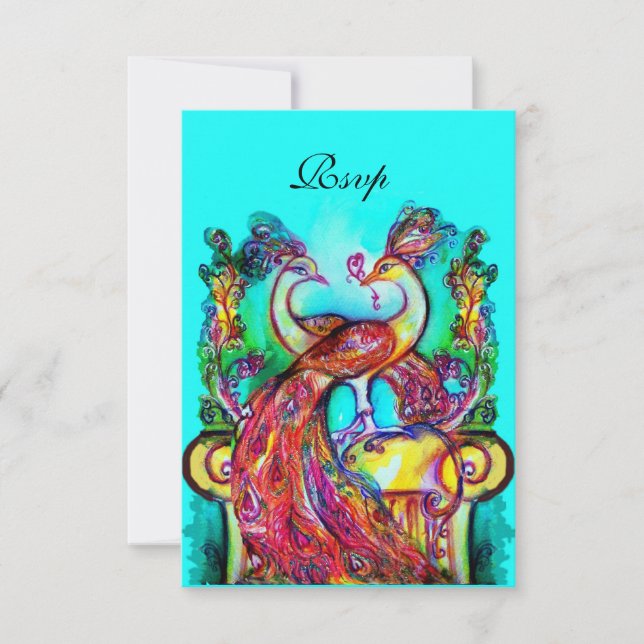 PEACOCKS IN LOVE RSVP,Red Aqua Blue Turquoise RSVP Card (Front)