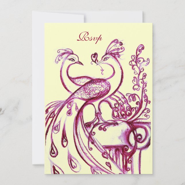 PEACOCKS IN LOVE RSVP, red burgundy pink gold Invitation (Front)
