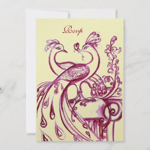 PEACOCKS IN LOVE RSVP red burgundy pink gold Invitation