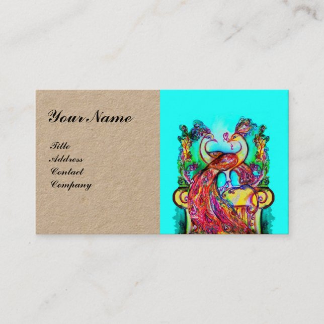 PEACOCKS IN LOVE WEDDING MONOGRAM Red Aqua Blue Business Card (Front)