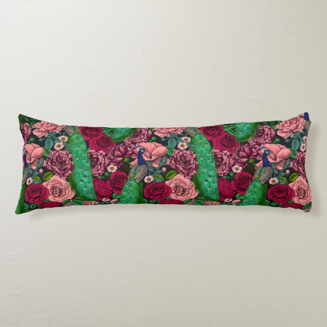 Peacocks in the rose garden 2 body pillow (Front)