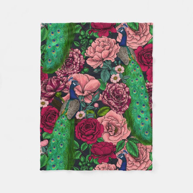 Peacocks in the rose garden 2 fleece blanket (Front)
