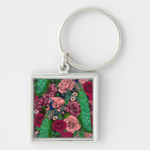 Peacocks in the rose garden 2 keychain