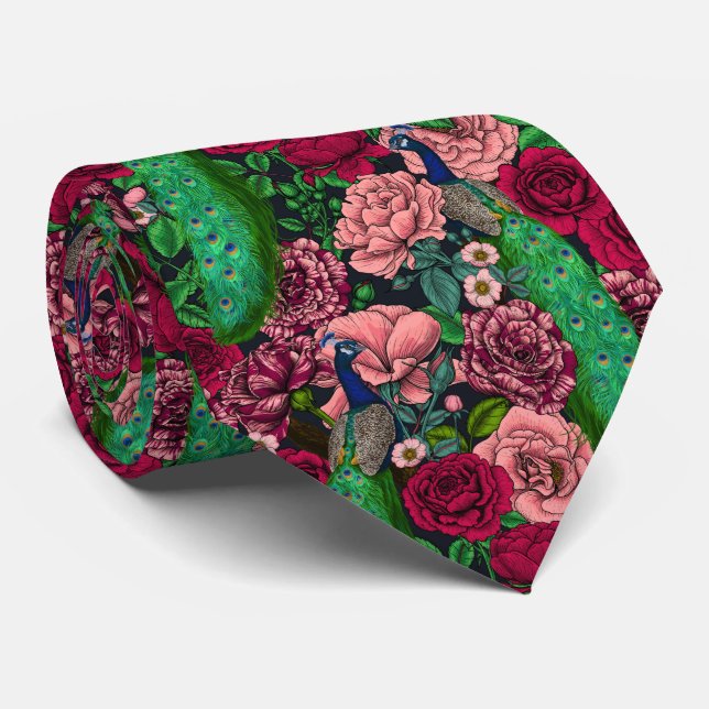 Peacocks in the rose garden 2 neck tie (Rolled)