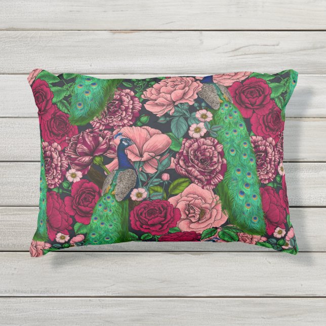 Peacocks in the rose garden 2 outdoor pillow (Front)