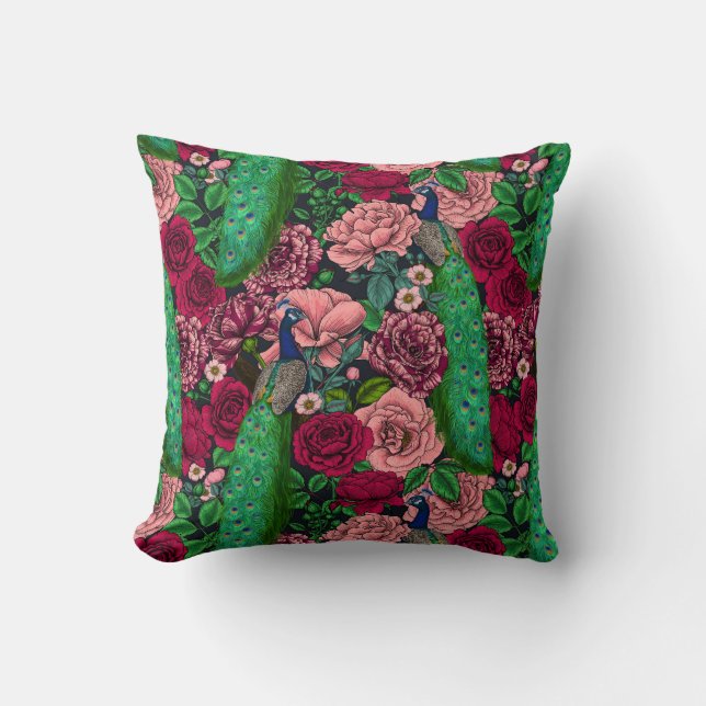 Peacocks in the rose garden 2 throw pillow (Front)