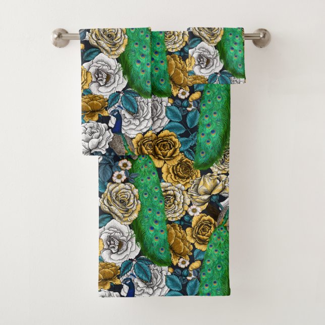 Peacocks in the rose garden 3 bath towel set (Insitu)