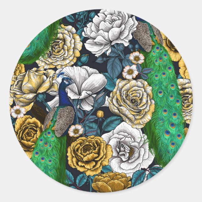 Peacocks in the rose garden 3 classic round sticker (Front)