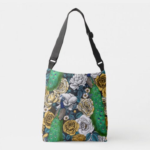 Peacocks in the rose garden 3 crossbody bag