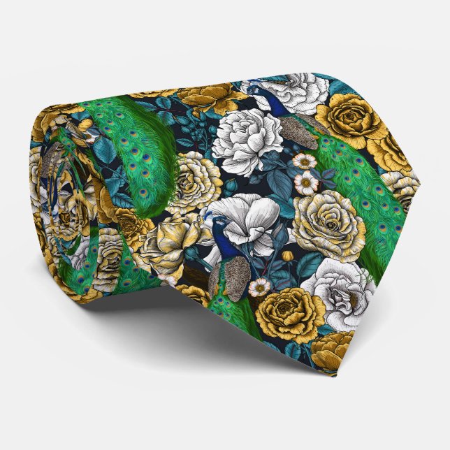 Peacocks in the rose garden 3 neck tie (Rolled)