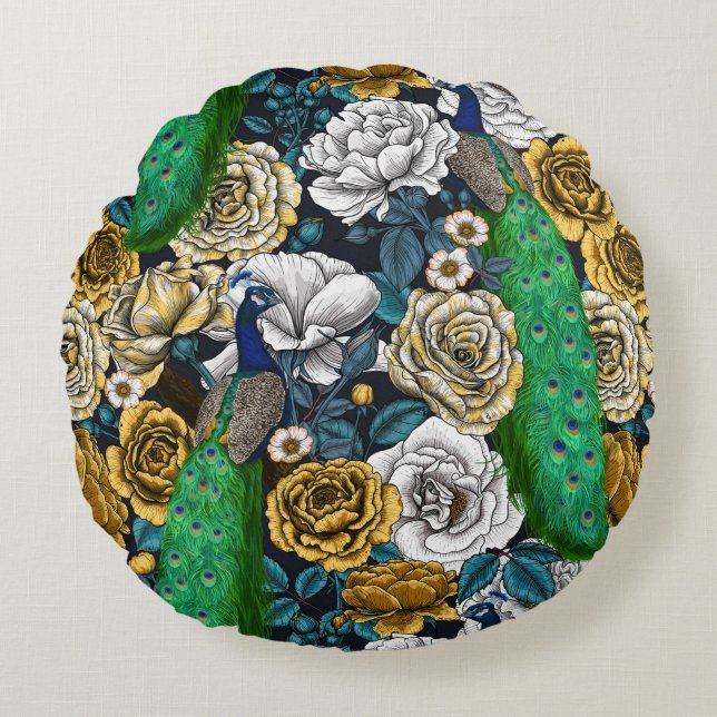 Peacocks in the rose garden 3 round pillow (Front)