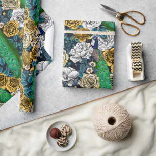 Peacocks in the rose garden 3 wrapping paper