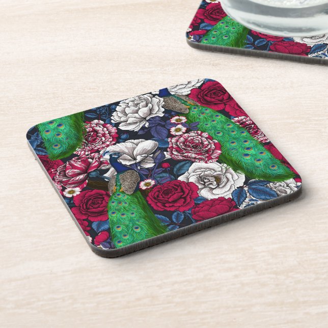 Peacocks in the rose garden beverage coaster (Left Side)