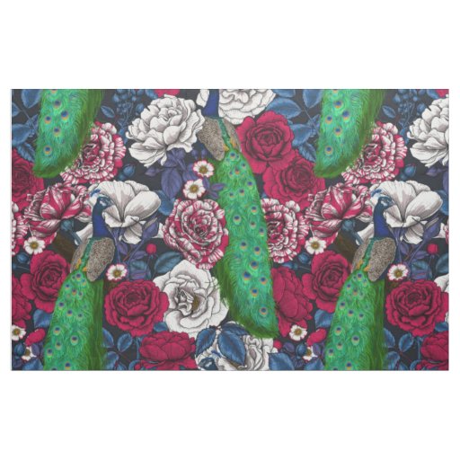 Peacocks in the rose garden fabric