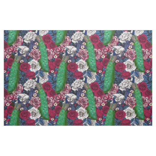 Peacocks in the rose garden fabric