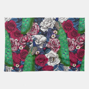 Peacocks in the rose garden kitchen towel