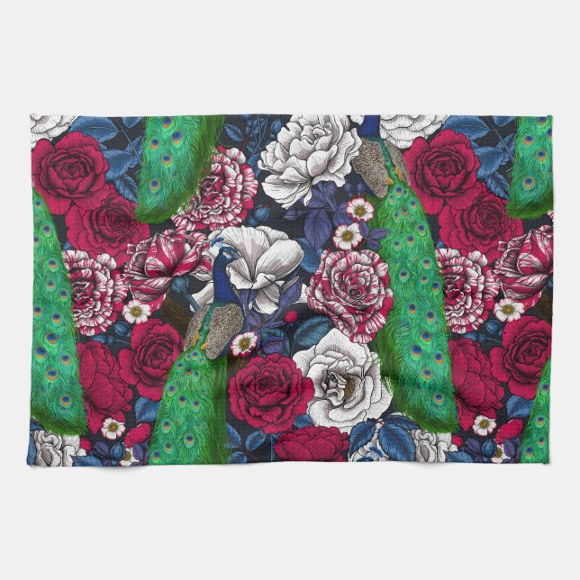 Peacocks in the rose garden kitchen towel (Horizontal)