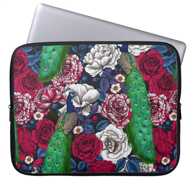 Peacocks in the rose garden laptop sleeve (Front)