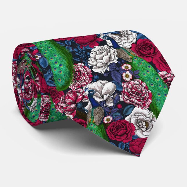 Peacocks in the rose garden neck tie (Rolled)