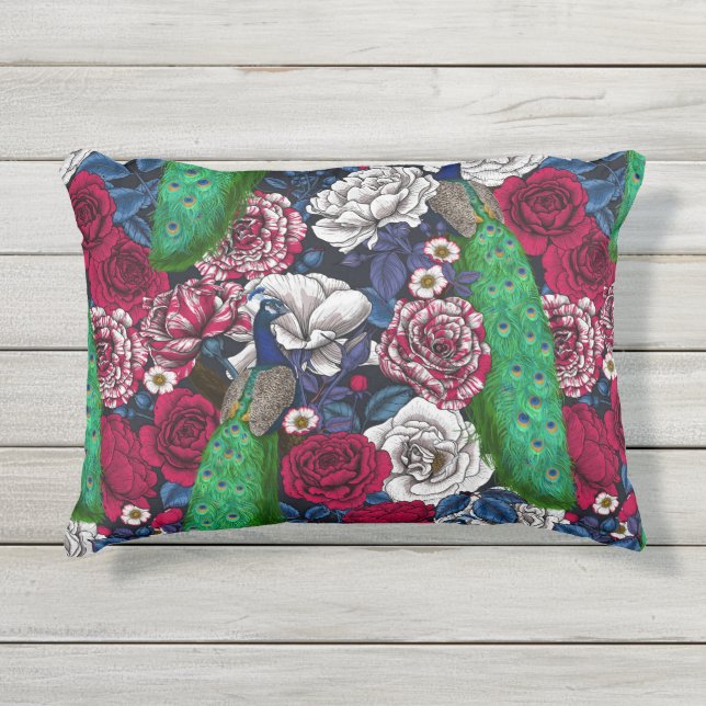 Peacocks in the rose garden outdoor pillow (Front)