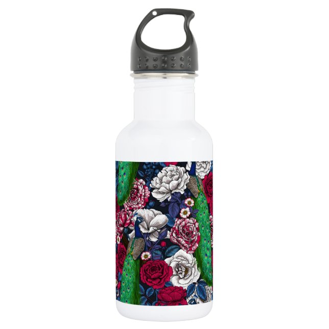 Peacocks in the rose garden stainless steel water bottle (Front)