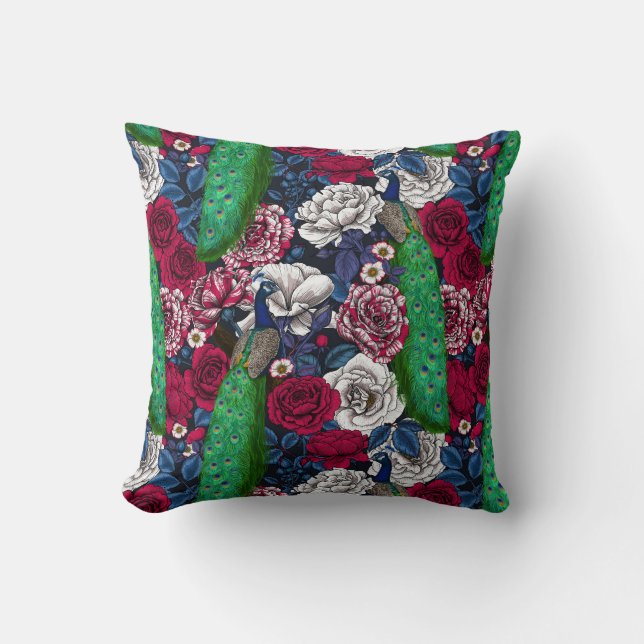 Peacocks in the rose garden throw pillow (Front)