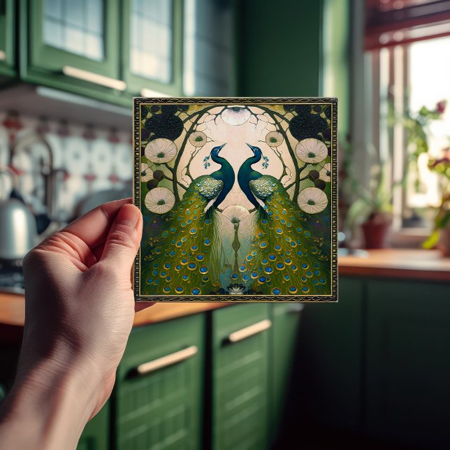 Peacocks Klimt Green Wall Decor Art Nouveau Ceramic Tile (Creator Uploaded)