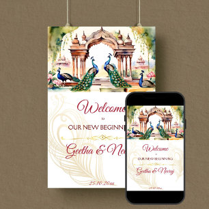 Peacocks lotus garden Indian wedding welcome sign