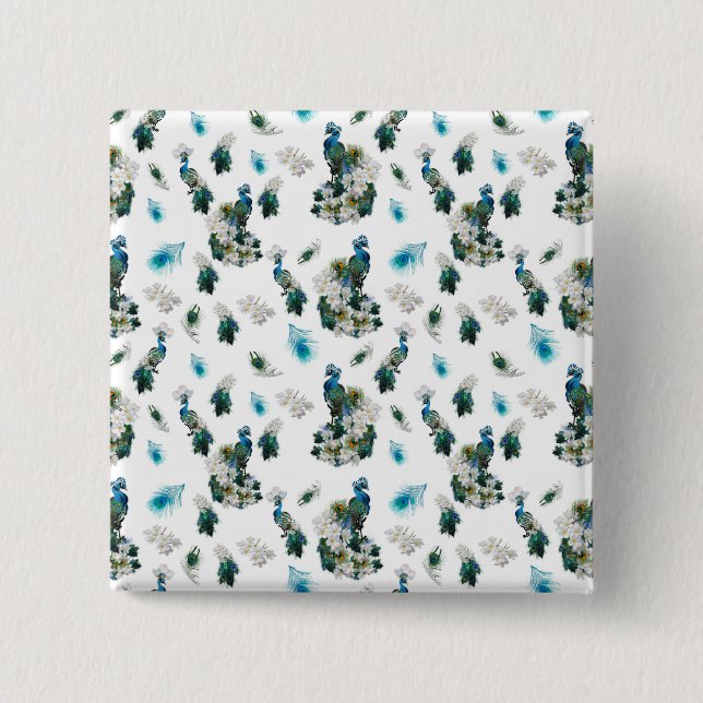 Peacocks on a white Running Pattern Button (Front)