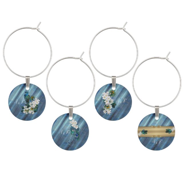 Peacocks on Emerald Green Metallic Silk Wine Charm (Staggered)