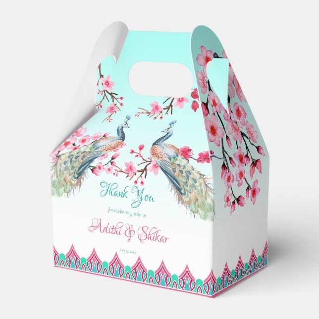 Peacocks pink blossoms ombre aqua blue  favor boxes (Front Side)