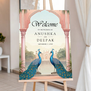 Peacocks Pink Indian Palace Wedding Welcome Sign
