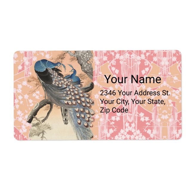 PEACOCKS,PINK WHITE SAKURA FLOWERS Japanese Floral Label (Front)