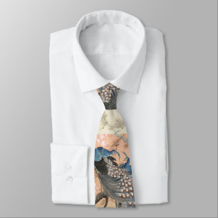 PEACOCKS,PINK WHITE SAKURA FLOWERS Japanese Floral Neck Tie