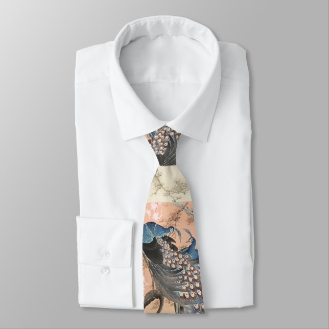 PEACOCKS,PINK WHITE SAKURA FLOWERS Japanese Floral Neck Tie (Tied)