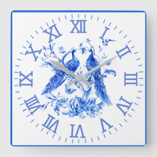 Peacocks Porcelain Blue Wall Clock