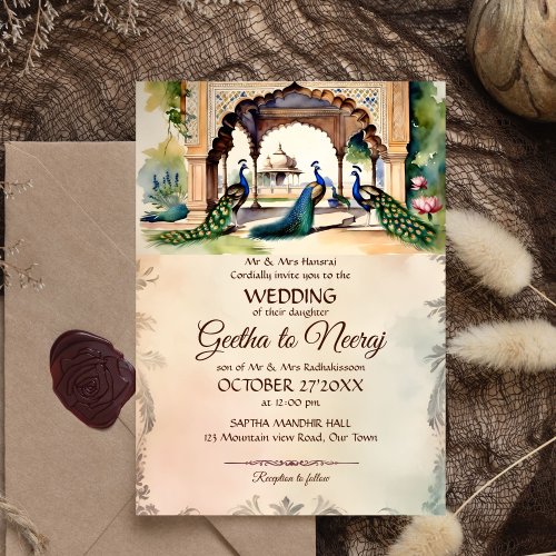 Peacocks vintage royal garden Indian wedding Invitation
