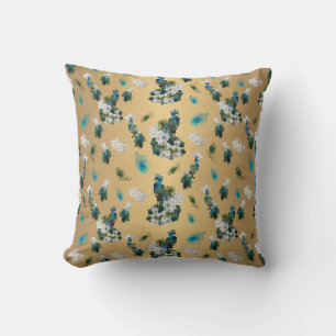 Peacocks - White Flowers on gold fabric Throw Pillow