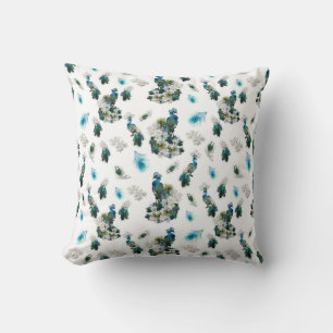 Peacocks - White Flowers on white fabric Throw Pillow
