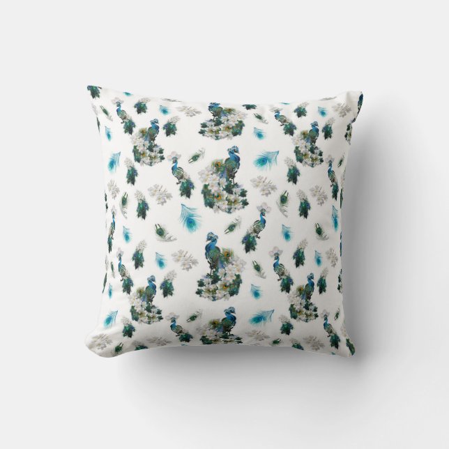Peacocks - White Flowers on white fabric Throw Pillow (Front)
