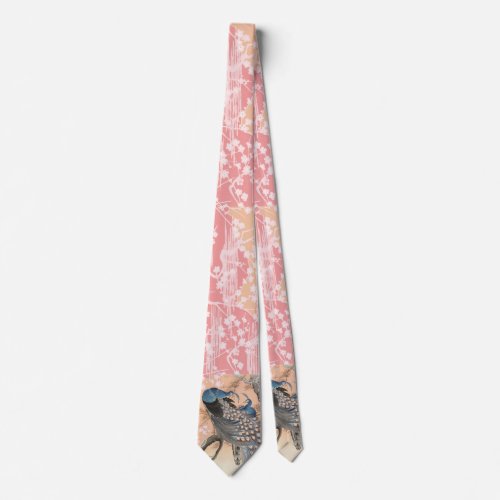PEACOCKSWHITE PINK SAKURA FLOWERS Japanese Floral Neck Tie