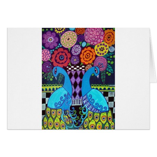 Peacocks with Flowers Art by heather Galler Cards (Front Horizontal)