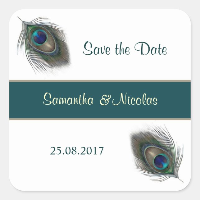 Peacok feathers Wedding Sticker Save the Date (Front)