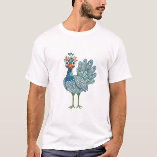Peahen Flower Crown T-Shirt – Folk Art Style