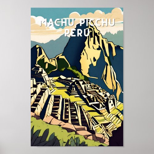 Peak Machu picchu peru vintage travel latin alpaca Poster