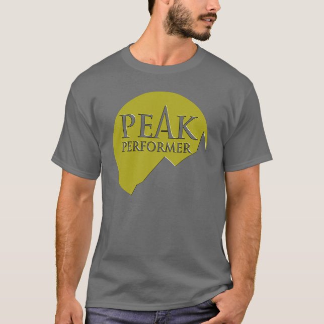 "Peak Performer" mens logo green on grey t T-Shirt (Front)